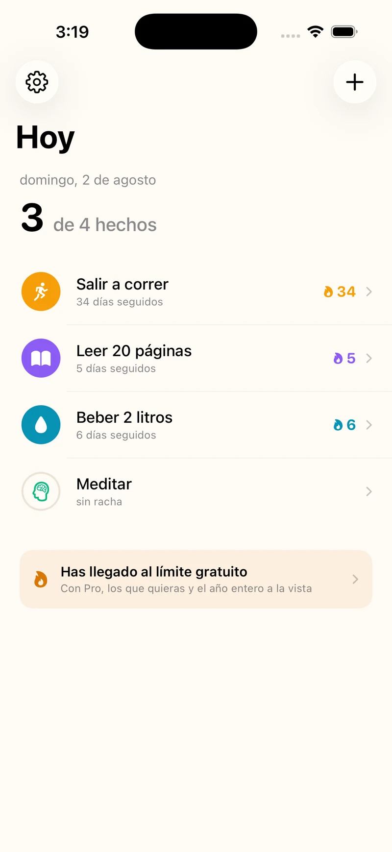 Pantalla principal de Rachas: hábitos de hoy con sus rachas