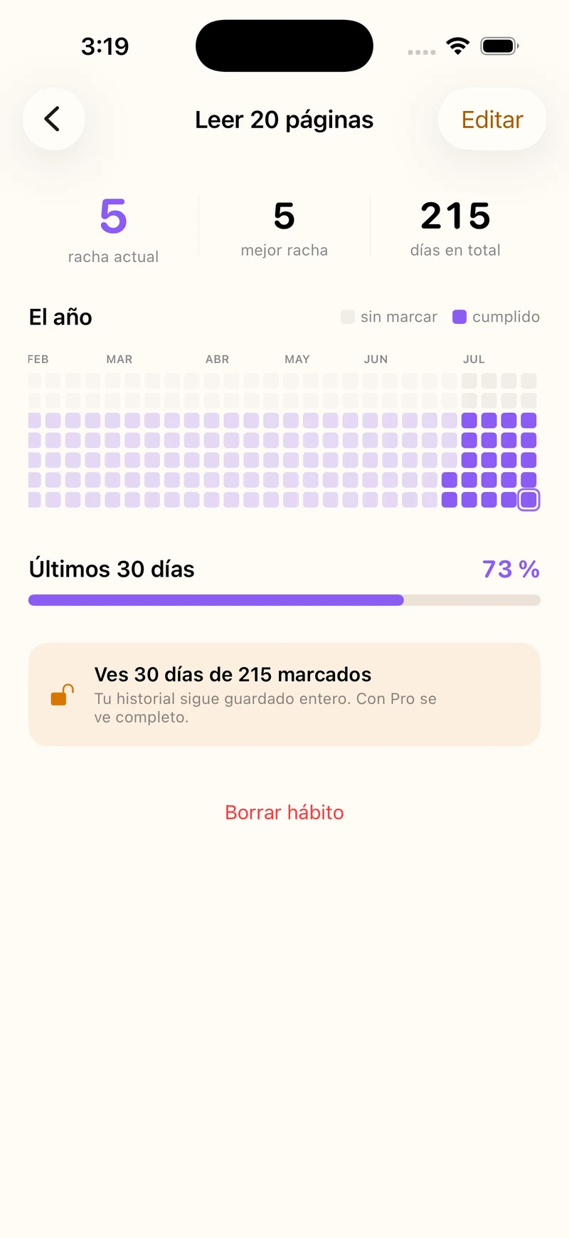Rejilla del año de un hábito en Rachas, con los días cumplidos marcados